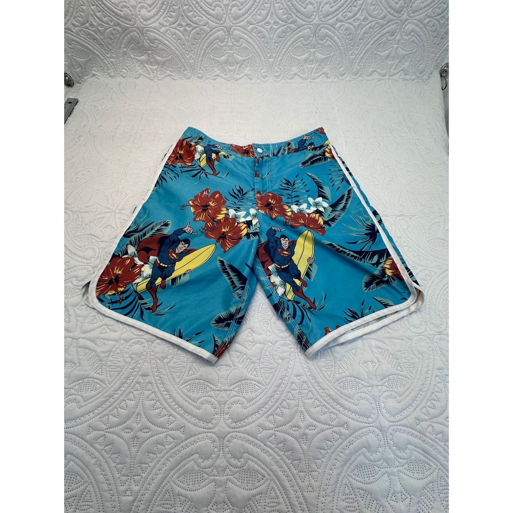 DC Comics Superman Surfing Tropical Swim Trunks Blue Hawaiian Board Shorts Men M